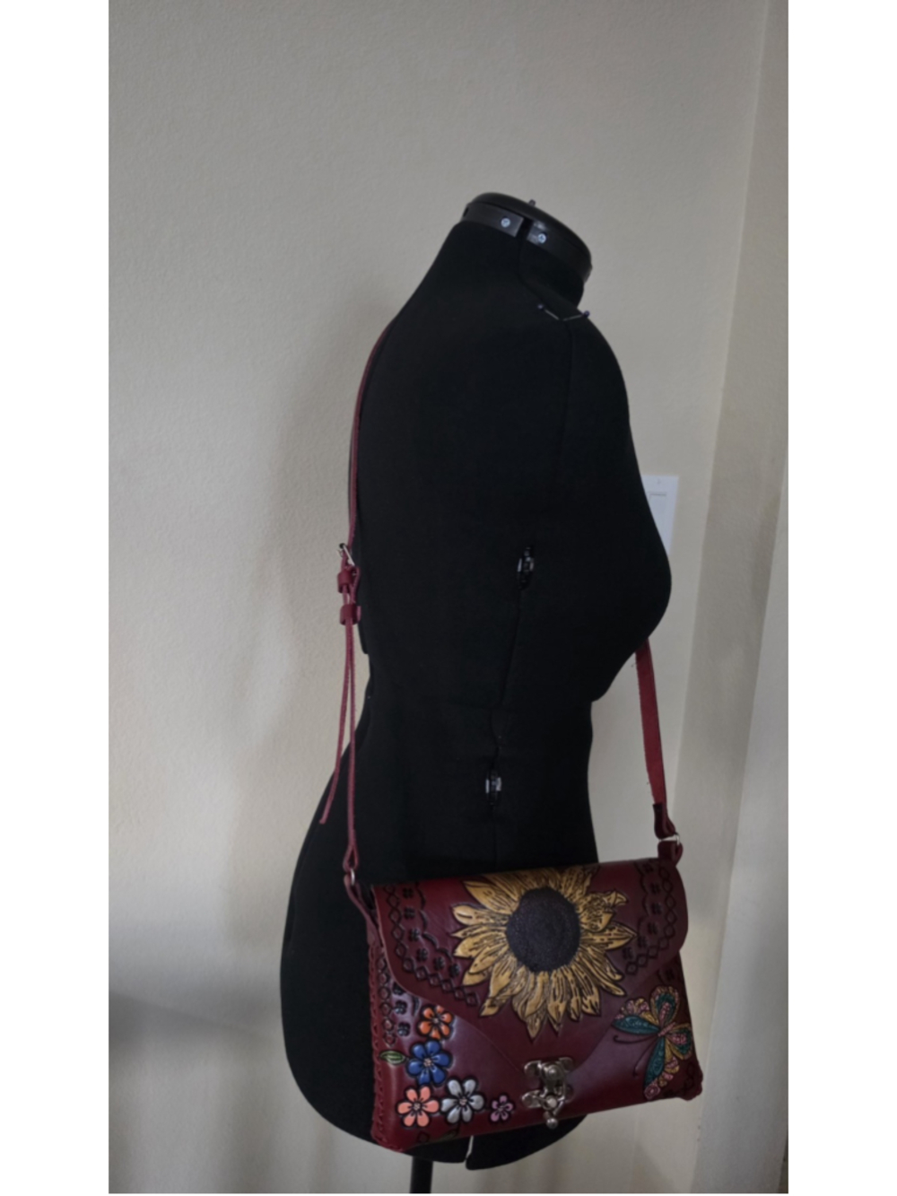 Sunflower Butterfly Red Wine Embossed Tooled Artisan LEATHER Crossbody Purse Bag - Picture 14 of 16